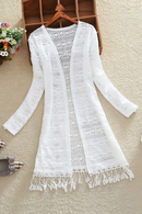 Women Slim Thin Lace Jacket Summer Long Sleeve Hollowing Tassels Medium Long Cardigan Womens Outerwear