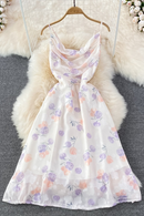 Women Chiffon Beach Dress Summer V Neck Elegant Backless Party Dresses Ladies Vintage A Line Floral Boho Long Robe