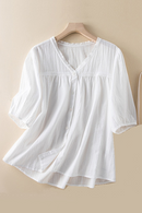 V Neck Elegant Summer Cotton Shirt Ladies Short Sleeve Tops Sweet Loose Lace Women Blouse Casual