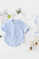 Kids Birthday Gift Clothes Summer Cotton White Blue Dog Short Sleeve Mandarin Collar Boys Shirt