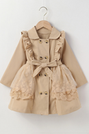 Kid Girls Winter Trench Coat Lace Mesh Patchwork Long Sleeve Lapel Ruffle Double Breasted Windbreaker Outwear with Belt
