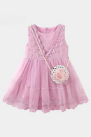 Summer Teenager Floral White Sleeveless Lace Mesh Ball Gown Dress With Bag For Kids Baby Girl