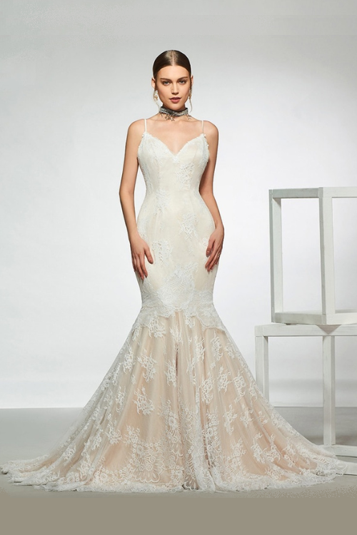 Elegant sample spaghetti straps trumpet wedding dress sleeveless lace floor length simple bridal gowns wedding dress