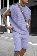 Knitted Texture Sleeveless Suits Solid Drop Shoulder Vests Shorts Two-piece