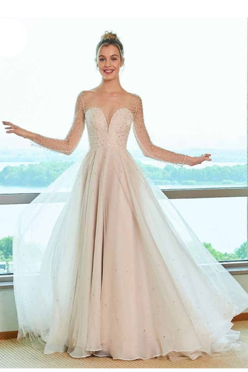 scoop neck wedding dress a line long sleeves appliques sequins lace floor length bridal outdoor church wedding dresses