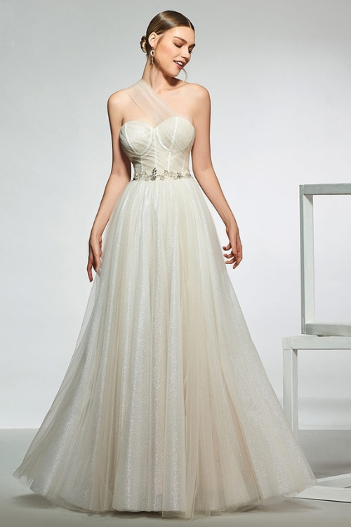 Dress elegant one shoulder beading sleeveless zipper up wedding dress a line floor length