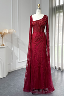 Elegant Burgundy Mermaid Evening Dresses with Long Sleeve Luxury Dubai Crystal Women Wedding Formal Party Gown