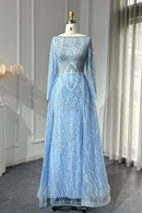 Luxury Crystal Blue Evening Dress with Overskirt Long Sleeves Women Wedding Formal Party Gown