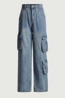 Women Denim Pants Multi Pocket Straight Jeans High Waist Loose Casual Long Denim Trousers Spring Autumn