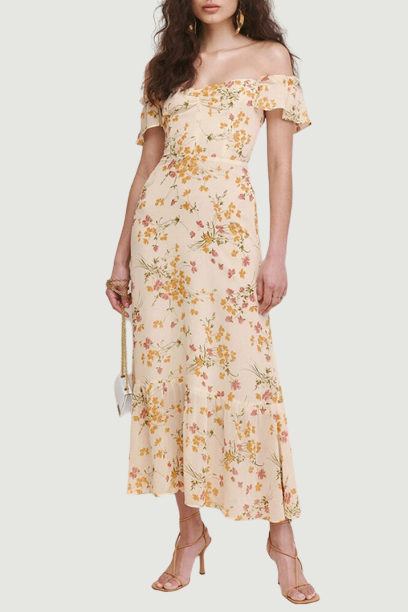 Sexy Off Shoulder Dress Summer Women Party Elegant Vintage Beach Dress Ruffle Short Sleeve Ruffle Hem Floral Chiffon Midi Dress