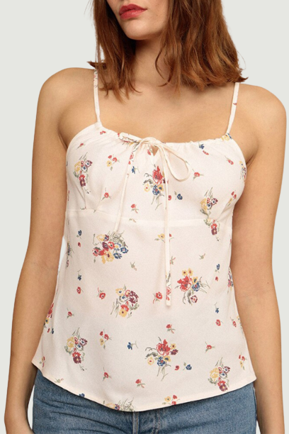 Beach Style Summer Tops For Women Vintage Floral Spaghetti Strap Top Tie Up Neck Sleeveless Casual Cami Top