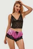 Summer Sexy Loose Sleeveless Shorts And Pajamas Set Lace Trim Satin Women Sleepwear