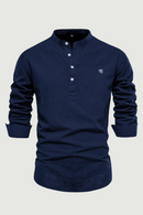 Men Linen Shirt Casual Solid Breathable Top Embroidered Standing Neck Slim Fit Shirt