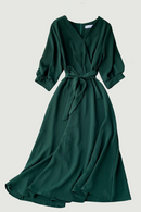 Women Casual Long Robe Summer V Neck Sexy With Belt Bandage Dresses Ladies Vintage Korean Green Dress