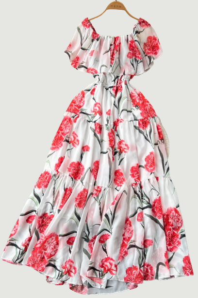 Vintage Beach Dress Women Elegant Off The Shoulder Floral Party Dresses Ladies A-line Casual Chiffon Long Robe