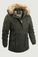 Men Medium Long Thick Warm Cotton Coat Fur Collar Zipper Multi Pocket Parka Coat Men Outdoor Windproof Coat