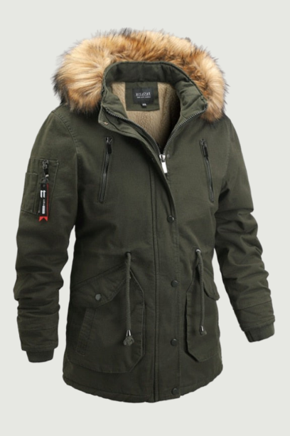 Men Medium Long Thick Warm Cotton Coat Fur Collar Zipper Multi Pocket Parka Coat Men Outdoor Windproof Coat