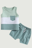 Baby Boy Summer Clothing Suit Patchwork Sleeveless Crew Neck Tank Tops Solid Shorts with Pockets Tracksuit Set
