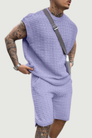 Knitted Texture Sleeveless Suits Solid Drop Shoulder Vests Shorts Two-piece
