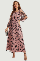 Dress Sen Style Women Dress U-Neck High Waist Mesh Long Sleeve Print Evening Dress Bridesmaid Wedding