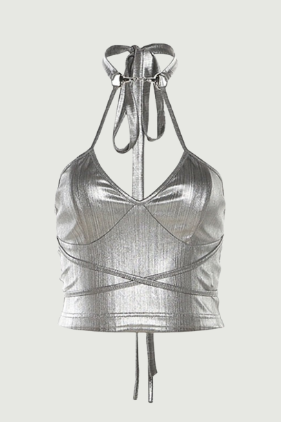 Summer Vintage Women's Halter Neck Silver Crop Tops Sexy Cute Bandage Tank Top Vest Streetwear Camisole T-shirt
