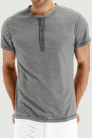 America Style Men Summer Fashion Henry Shirt Cotton Blended Short Sleeve Simple Basic Casual Loose Pullover Classic Daily Tops