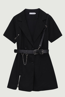 Women Gothic Punk Black Blazer Dress Short Sleeve Summer High Waist With Belt Streetwear Goth Dress Girl