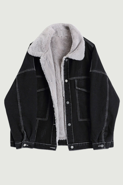 Women Lamb Wool Jean Jacket Vintage Single Breasted Fleece Denim Coat Winter Casual Warm Thickened Jackets