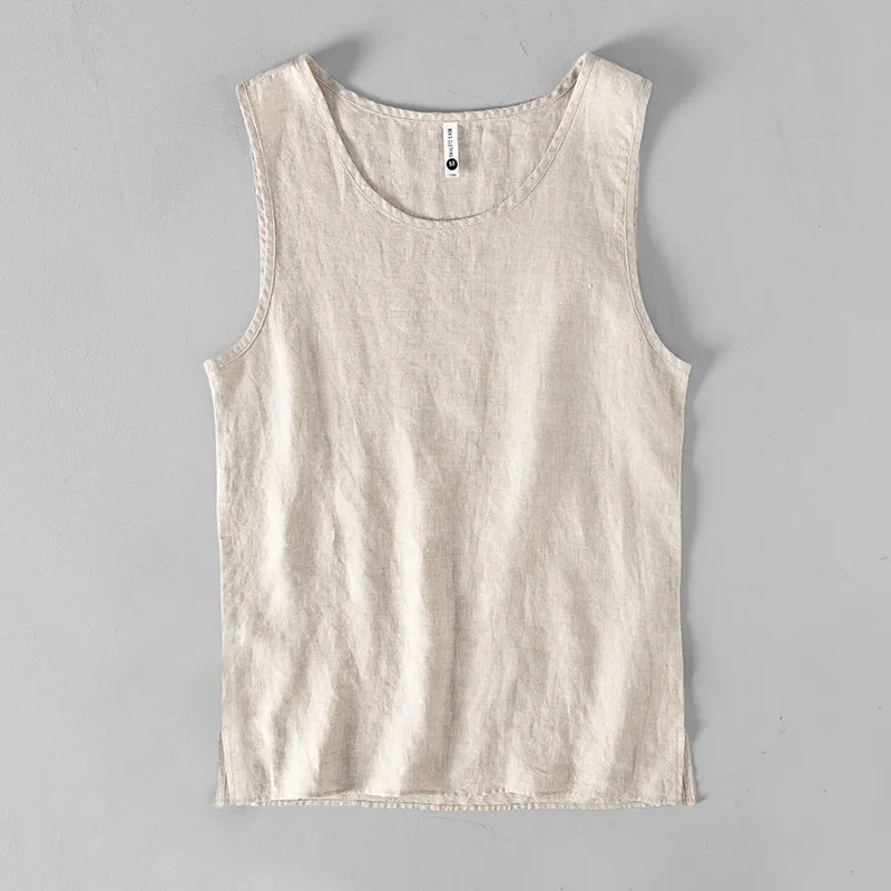 Linen Vest Men Summer Solid O-neck Sleeveless Waistcoat Simple Casual Loose Tess