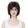 Woman wearing a brown wig on a white background, Obroi