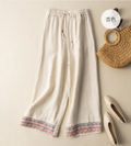 Embroidery Solid Casual Cotton Linen Women's Pants Wide Leg Full-Length Pants For Women