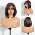 10 Inch Straight Lace Front Wig With Bangs Short Bob Wigs For Women Ombre Brown