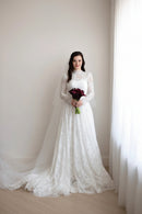 Romantic Wedding Dress High Neck Long Sleeves Sweep Train Lace Bridal Gown