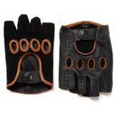 Pair of black leather gloves with brown accents on a white background, Obroi