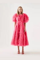 Coral Red Flower Tiered Mid Calf Women Maxi Dresses Modest Formal Party Dress  Floral Female Gowns