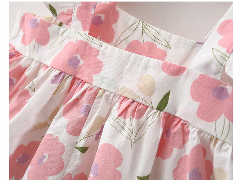 Robe à fleurs pour enfants, Style d'été, manches volantes, à volants, robe de princesse, chapeau