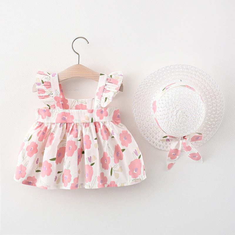 Robe à fleurs pour enfants, Style d'été, manches volantes, à volants, robe de princesse, chapeau