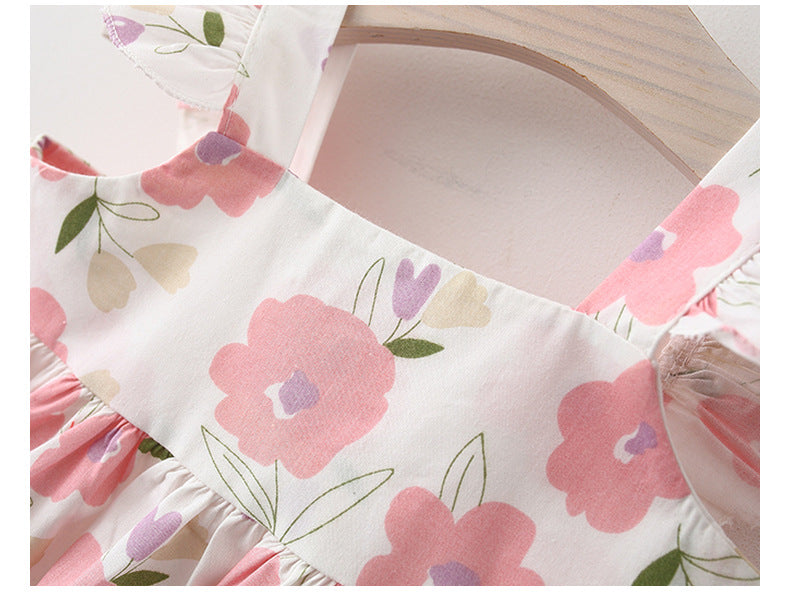 Robe à fleurs pour enfants, Style d'été, manches volantes, à volants, robe de princesse, chapeau