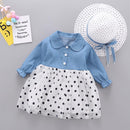 Fall Newborn Infant Baby Girls Dress Casual Denim Long Sleeve Mesh Princess Dresses+Hat Toddler Girls Clothes Vestidos