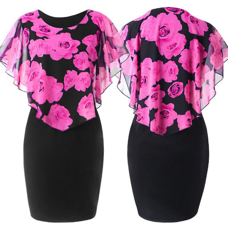Womens Dress Elegant Office Rose Flower Cape Bodycon Knee Length Dress Party Midi Pencil Dresses