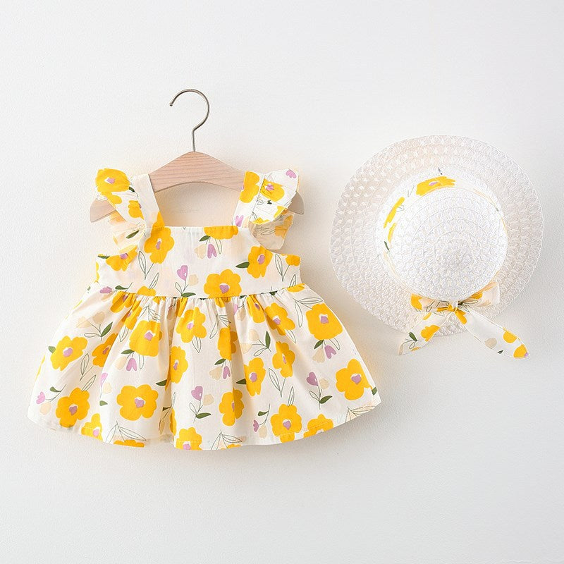 Robe à fleurs pour enfants, Style d'été, manches volantes, à volants, robe de princesse, chapeau