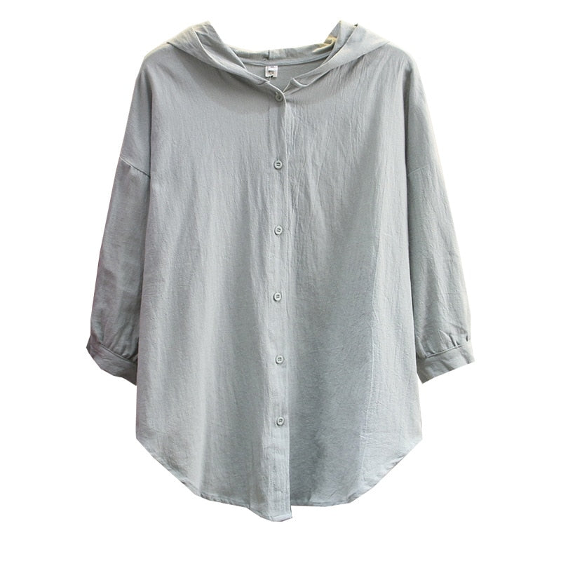 Spring Autumn Women Shirt Casual Clothes Female Tops Cotton And Linen Half Sleeve Hooded