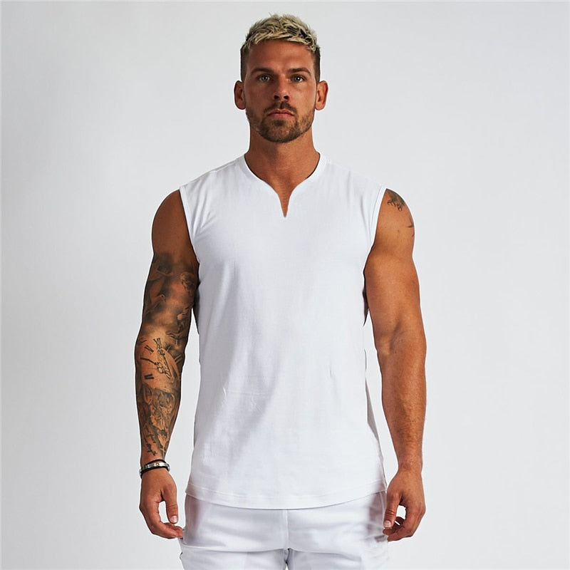 Summer Plain Cotton Fitness Mens Gym Tank Top Curved Hem V neck Gym Stringer Vest Bodybuilding Clothing Muscle Sleeveless Shirt