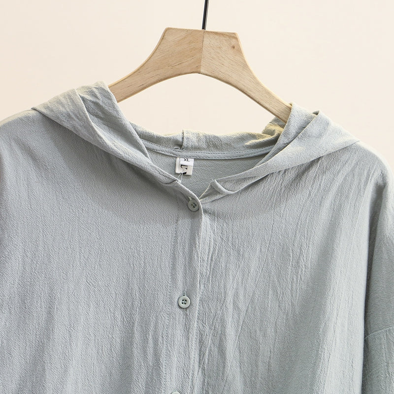 Spring Autumn Women Shirt Casual Clothes Female Tops Cotton And Linen Half Sleeve Hooded