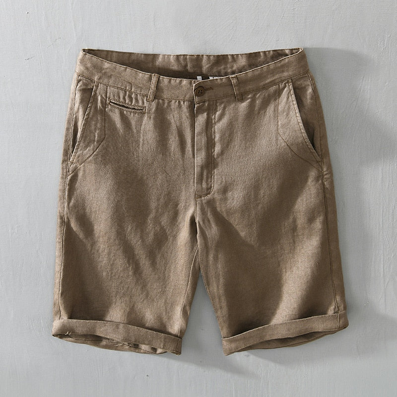 Mid Waist Linen Beach Shorts Summer Men Simple Business Casual Straight Pockets Solid Zipper Work Knee Length Pants