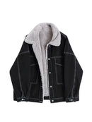 Women Lamb Wool Jean Jacket Vintage Single Breasted Fleece Denim Coat Winter Casual Warm Thickened Jackets