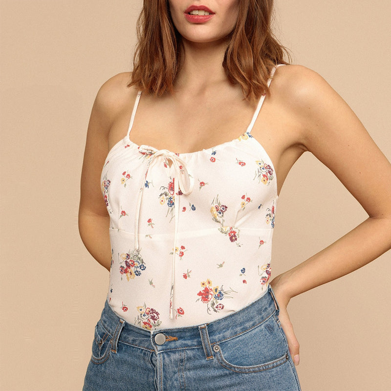 Beach Style Summer Tops For Women Vintage Floral Spaghetti Strap Top Tie Up Neck Sleeveless Casual Cami Top
