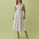 Floral Dresses For Women Elegant Ruffle Edge Square Neck Vacation Midi Dress Sleeveless Smocked Summer Dress Beach Sundress