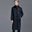 Winter Men Horn Button Woolen Coat Long Over-the-Knee Loose-Woolen Jacket Hooded Trench Thick Mens Coats and Jackets