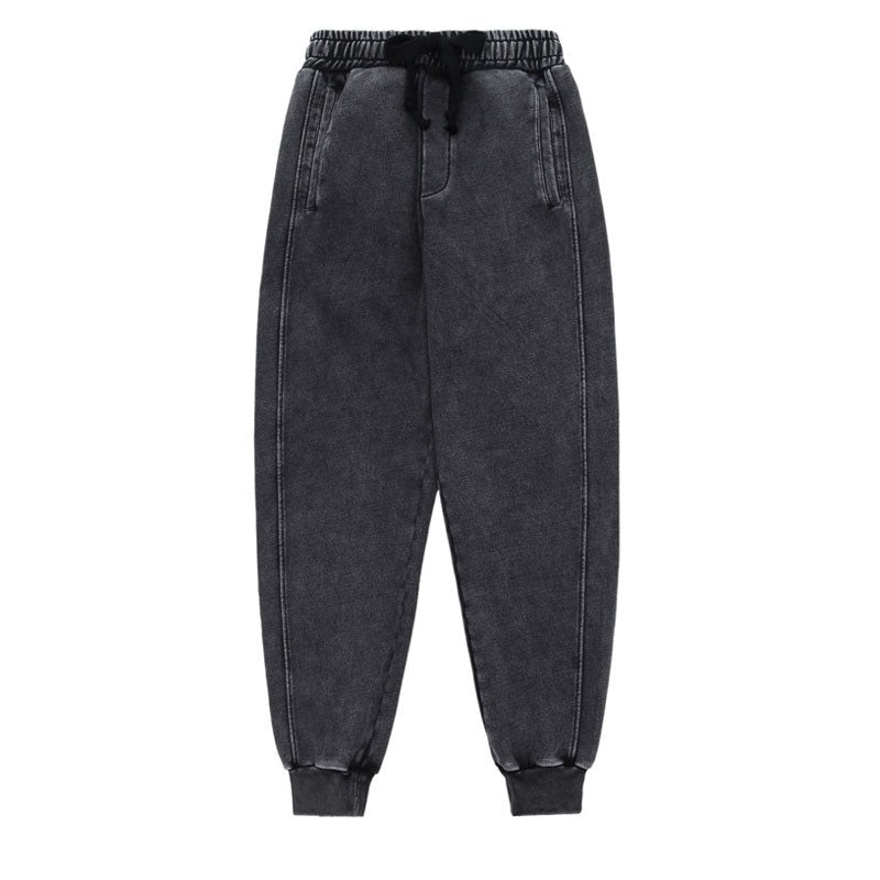 Cotton Harem Distressed Sweatpants Streetwear Winter Casual Jogger Thick Fleece Pants Mens Trousers Black